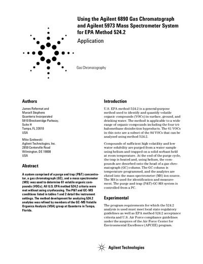 Agilent 6890/5973 GC-MS System Application Note for EPA Method 524.2 - cover page