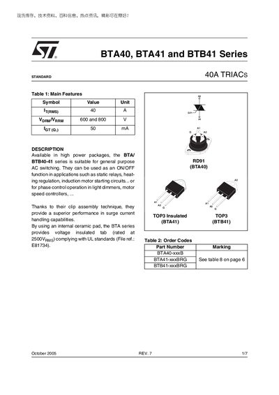 STMicroelectronics BTA40/BTA41/BTB41 Series Datasheet - cover page