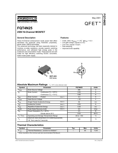 Fairchild FQT4N25 N-Channel MOSFET Datasheet - cover page