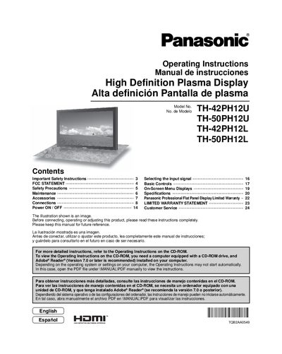 Panasonic TH-42PH12U TH-50PH12U TH-42PH12L TH-50PH12L Manual - cover page