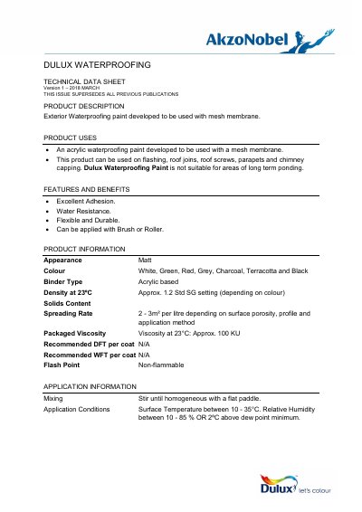 Dulux Waterproofing Paint Technical Data Sheet - cover page