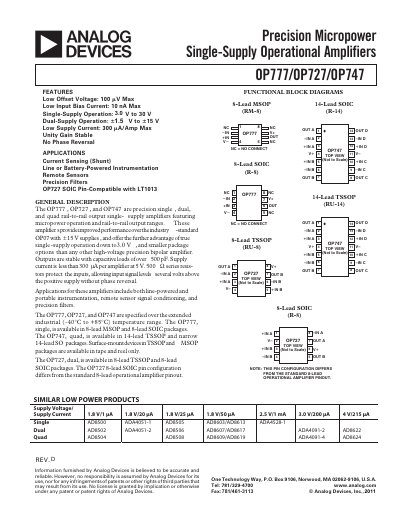 Analog Devices OP777/OP727/OP747 Datasheet Rev D - cover page