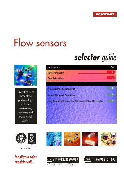 Crydom Flow Switch and Flowsonic Ultrasonic Flow Meter Specification Sheet - cover page