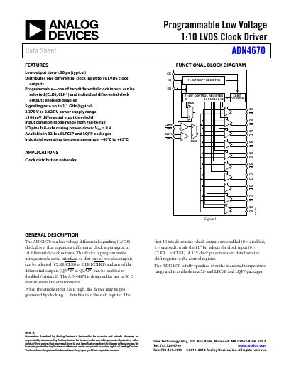 Analog Devices ADN4670 Programmable Low Voltage 1:10 LVDS Clock Driver Data Sheet - cover page
