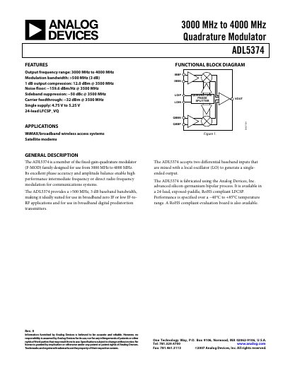 Analog Devices ADL5374 Quadrature Modulator Datasheet - cover page