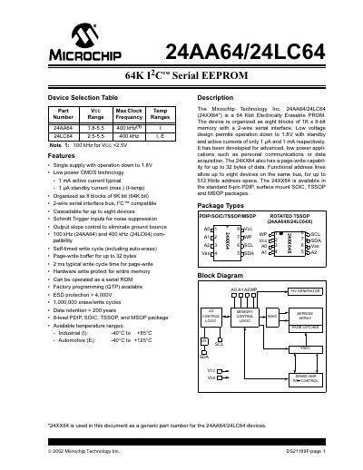 Microchip 24AA64/24LC64 EEPROM Datasheet - cover page