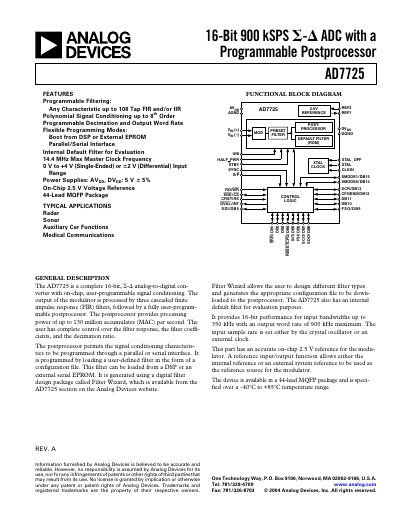 Analog Devices AD7725 16-Bit 900 kSPS ADC Datasheet - cover page