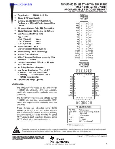 TEXAS INSTRUMENTS TMS27C040 524288 BY 8-BIT UV ERASABLE TMS27PC040 524288 BY 8-BIT PROGRAMMABLE READ-ONLY MEMORY handbook - cover page