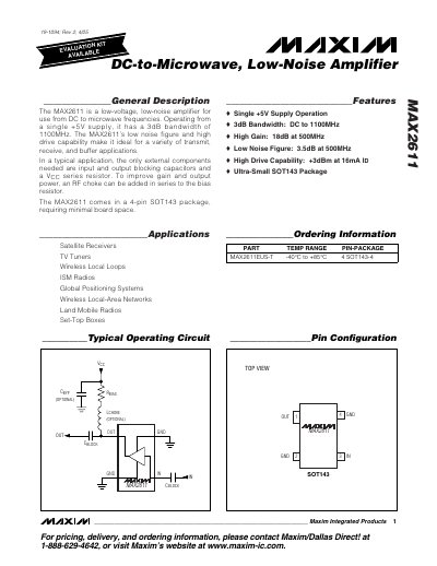 Maxim MAX2611 DC-to-Microwave Low-Noise Amplifier Datasheet - cover page