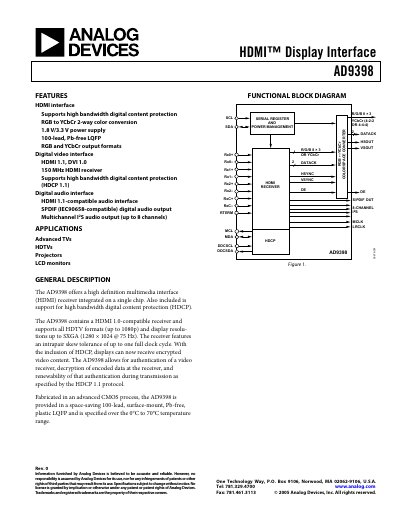 Analog Devices AD9398 HDMI Display Interface Datasheet - cover page