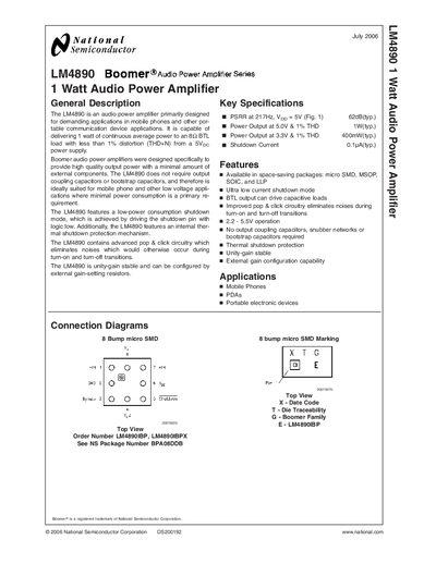 National Semiconductor LM4890 Audio Power Amplifier Datasheet
