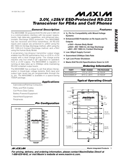 Maxim MAX3386E 3.0V ±25kV ESD-Protected RS-232 Transceiver Datasheet