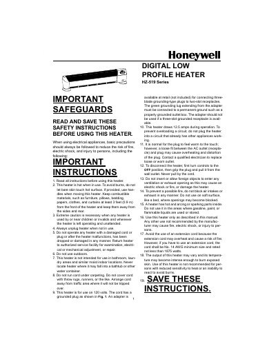 Honeywell HZ-519 Digital Low Profile Heater User Manual - cover page