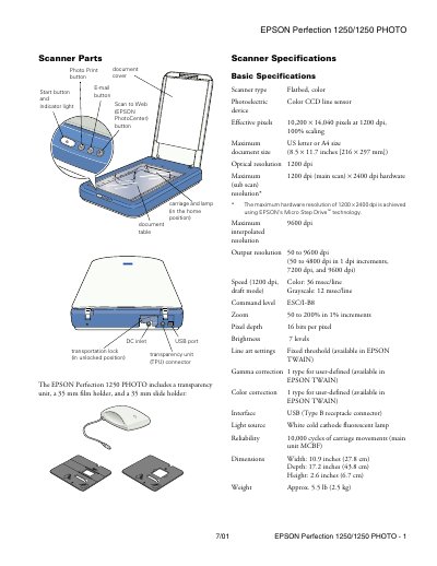 EPSON Perfection 1250/1250 PHOTO Scanner Specifications - cover page