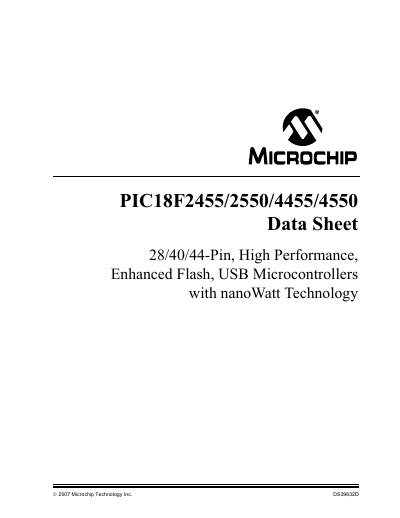 MICROCHIP PIC18F2455/2550/4455/4550 Data Sheet 28/40/44-Pin High Performance Enhanced Flash USB Microcontrollers with nanoWatt Technology handbook - cover page