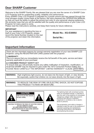 Sharp XG-E3000U Color LCD Projector Operation Manual - cover page