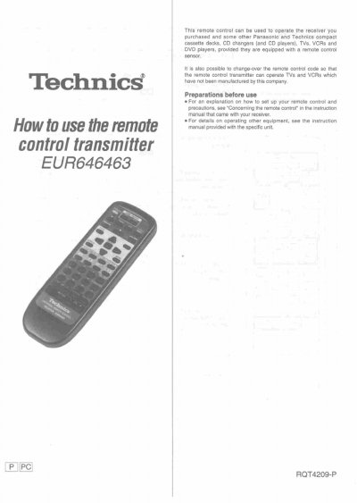 Panasonic EUR646463 Remote Control Transmitter User Manual - cover page