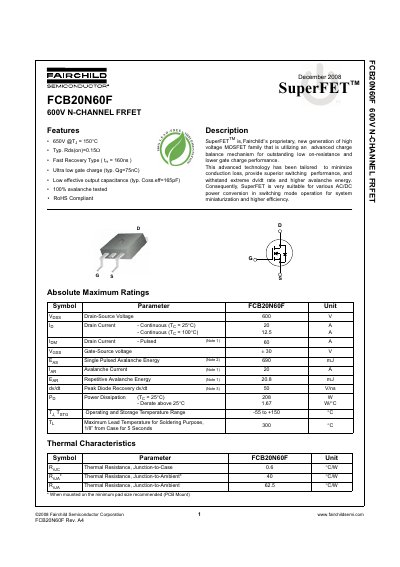 Fairchild FCB20N60F SuperFET Datasheet - cover page