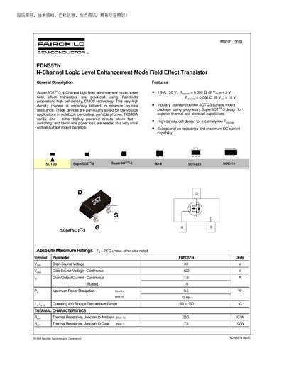 Fairchild FDN357N N-Channel Logic Level Enhancement Mode Field Effect Transistor Datasheet - cover page