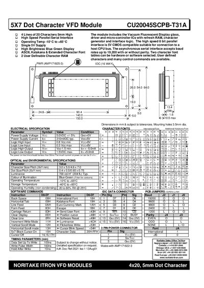 Noritake Itron CU20045SCPB-T31A 5x7 Dot Character VFD Module Manual - cover page