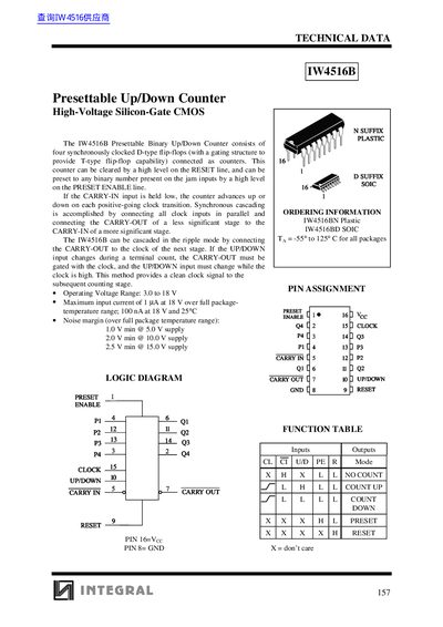 Integral IW4516B Presettable Up/Down Counter Datasheet - cover page
