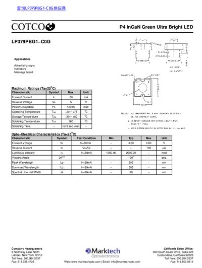 Marktech LP379PBG1-C0G P4 InGaN Green Ultra Bright LED Datasheet - cover page