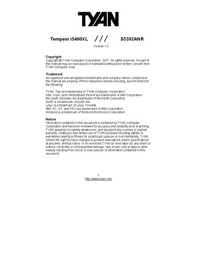 TYAN Tempest i5400XL S5392ANR User Manual - cover page