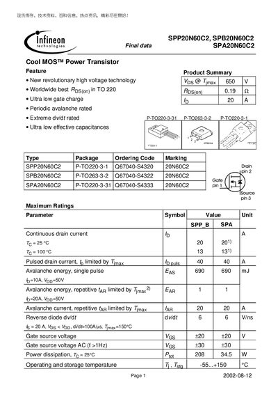infineon SPP20N60C2 SPB20N60C2 Final data SPA20N60C2 Manual(1)(1) - cover page