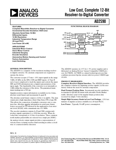 Analog Devices AD2S90 Resolver-to-Digital Converter Datasheet - cover page