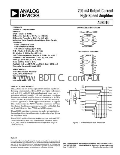 Analog Devices AD8010 Datasheet - cover page