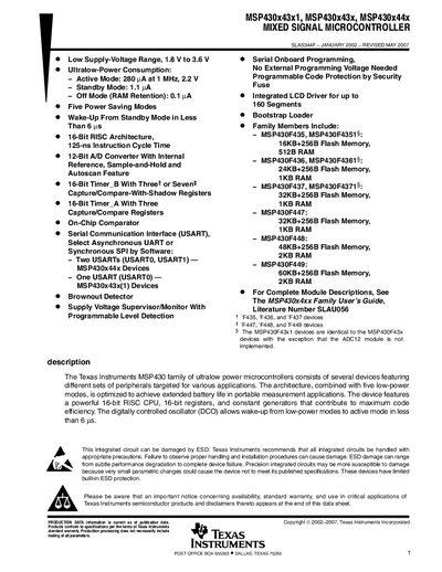 Texas Instruments MSP430x43x1 / MSP430x43x / MSP430x44x Mixed Signal Microcontroller Datasheet - cover page