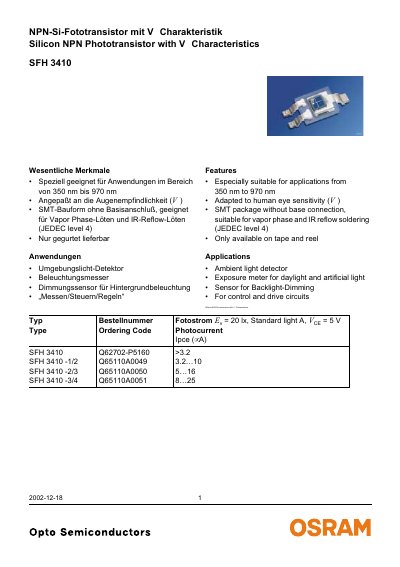 OSRAM SF3410NPN‑Si Phototransistor Datasheet