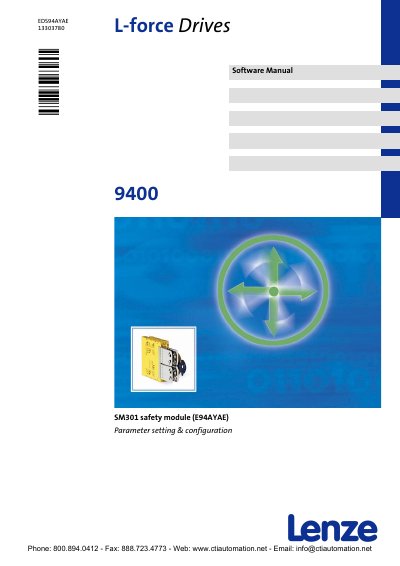 Lenze SM301 safety module (E94AYAE) Parameter setting configuration Software Manual - cover page