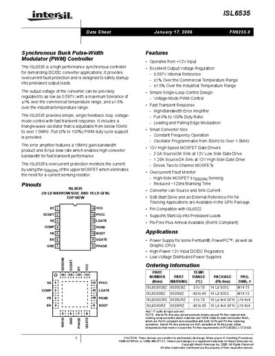 Intersil ISL6535 Synchronous Buck PWM Controller Datasheet - cover page