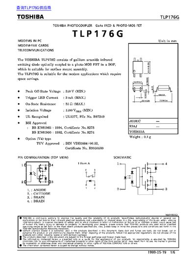 Toshiba TLP176G Photocoupler Datasheet - cover page
