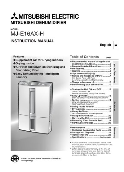 Mitsubishi Electric MJ-E16AX-H Dehumidifier User Manual - cover page