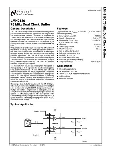 National Semiconductor LMH2180 75 MHz Dual Clock Buffer Datasheet - cover page