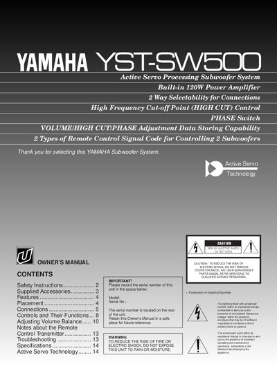 Yamaha YST-SW500 Subwoofer System Owner's Manual - cover page