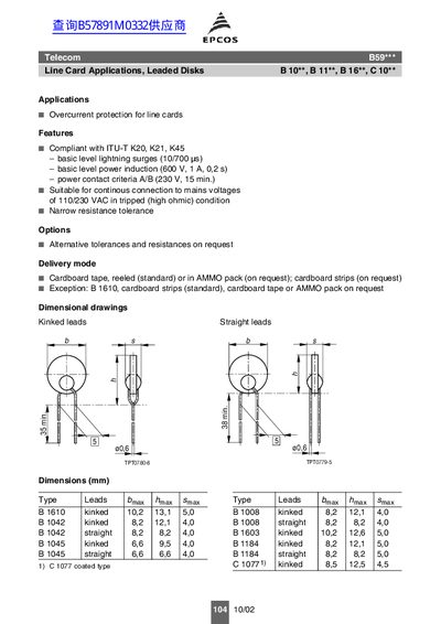 EPCOS Telecom B59*** Line Card Applications Leaded Disks B 10** B 11** B 16** C 10** - cover page