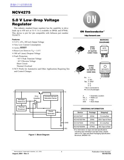 ON Semiconductor NCV4275 5.0 V Low-Drop Voltage Regulator Datasheet - cover page
