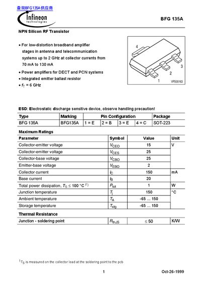 Infineon BFG 135A NPN Silicon RF Transistor Datasheet - cover page