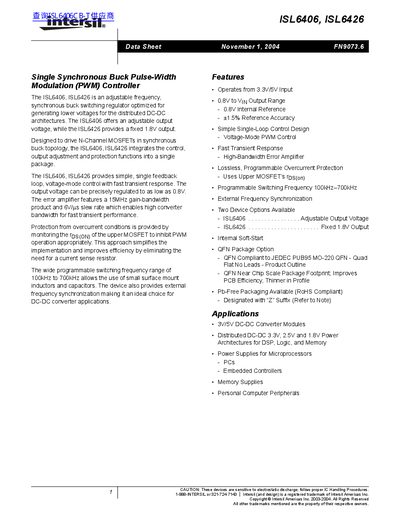 Intersil ISL6406 and ISL6426 Synchronous Buck Controller Datasheet - cover page