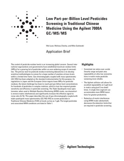 Agilent 7000A GC/MS/MS Pesticide Screening Application Note - cover page