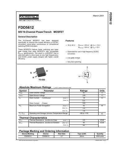 Fairchild Semiconductor FDD5612 60V N-Channel PowerTrench MOSFET Datasheet - cover page