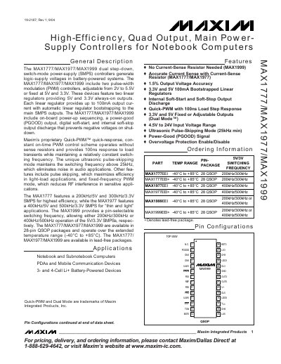 Maxim MAX1777/MAX1977/MAX1999 Dual Step-Down Switch-Mode Power Supply Controller Datasheet