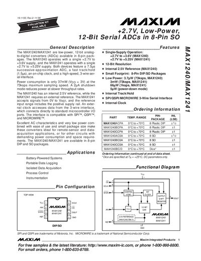 MAXIM MAX1240/MAX1241 +2.7V Low-Power 12-Bit Serial ADCs in 8-Pin SO handbook - cover page