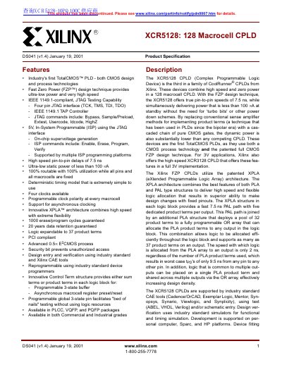 Xilinx XCR5128 CPLD Datasheet - cover page