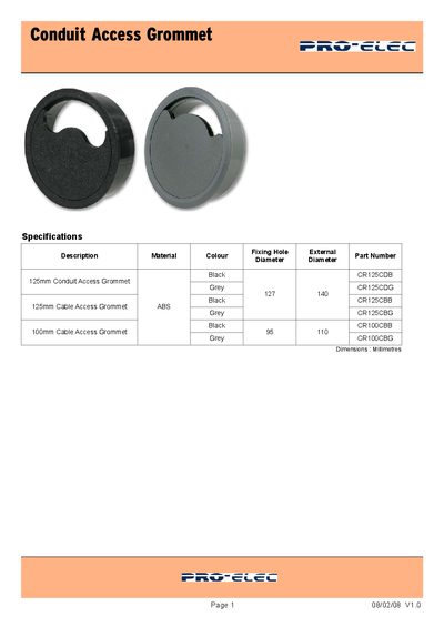 Pro-Elec Conduit Access Grommet Datasheet - cover page