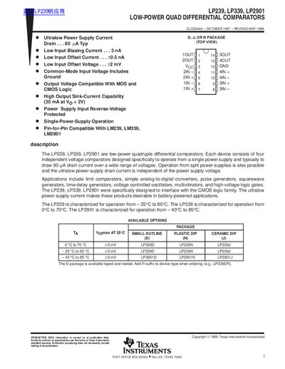 Texas Instruments LP239/LP339/LP2901 Low-Power Quad Differential Comparators Datasheet - cover page