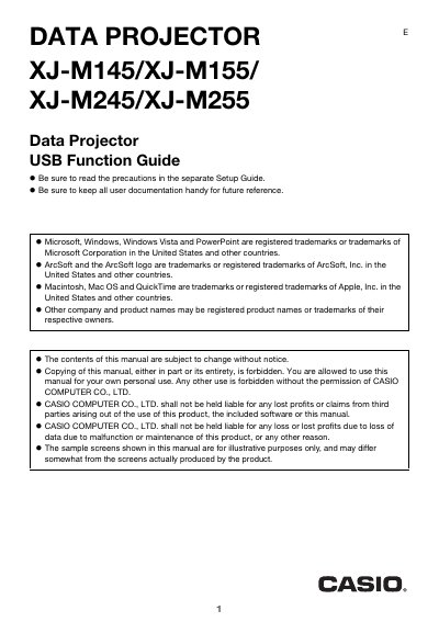 Casio XJ-M245/XJ-M255 Data Projector USB Function Guide - cover page